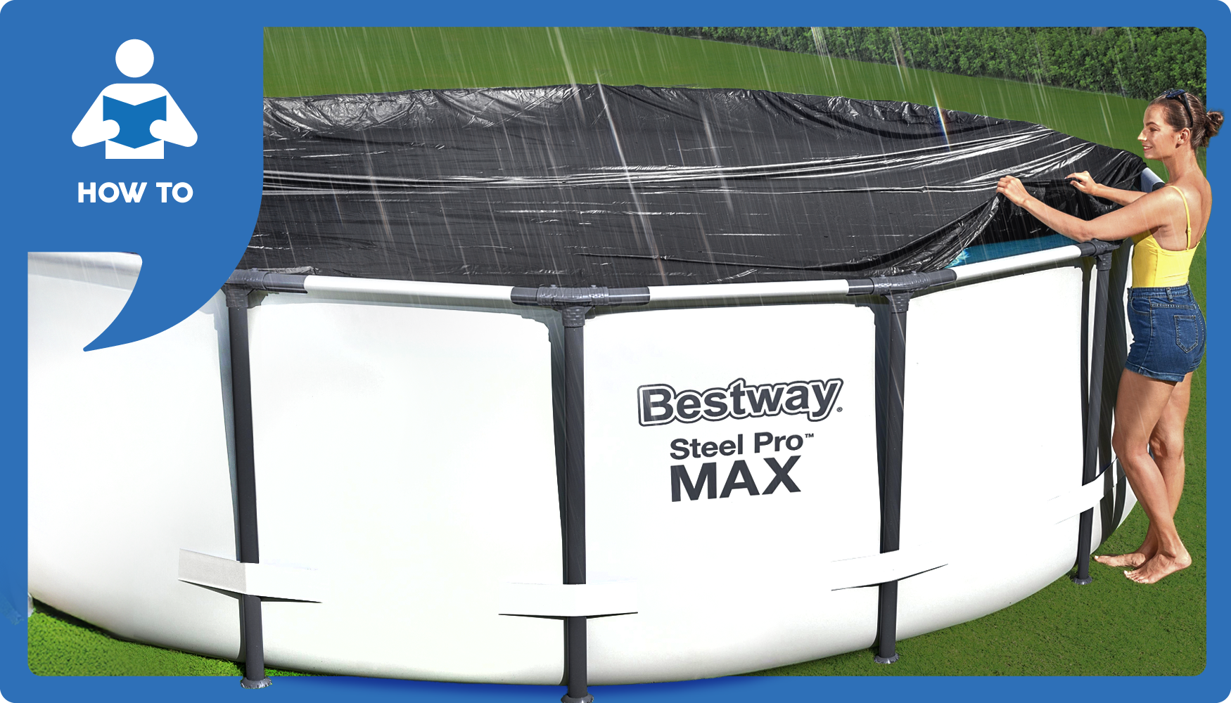 A person pulls a black cover over a round Steel Pro MAX above ground pool.