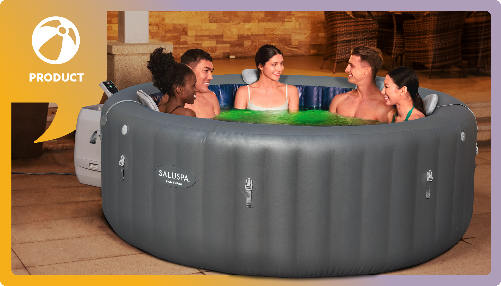 Group of 5 smiling friends relaxing in a gray SaluSpa Santorini inflatable hot tub.