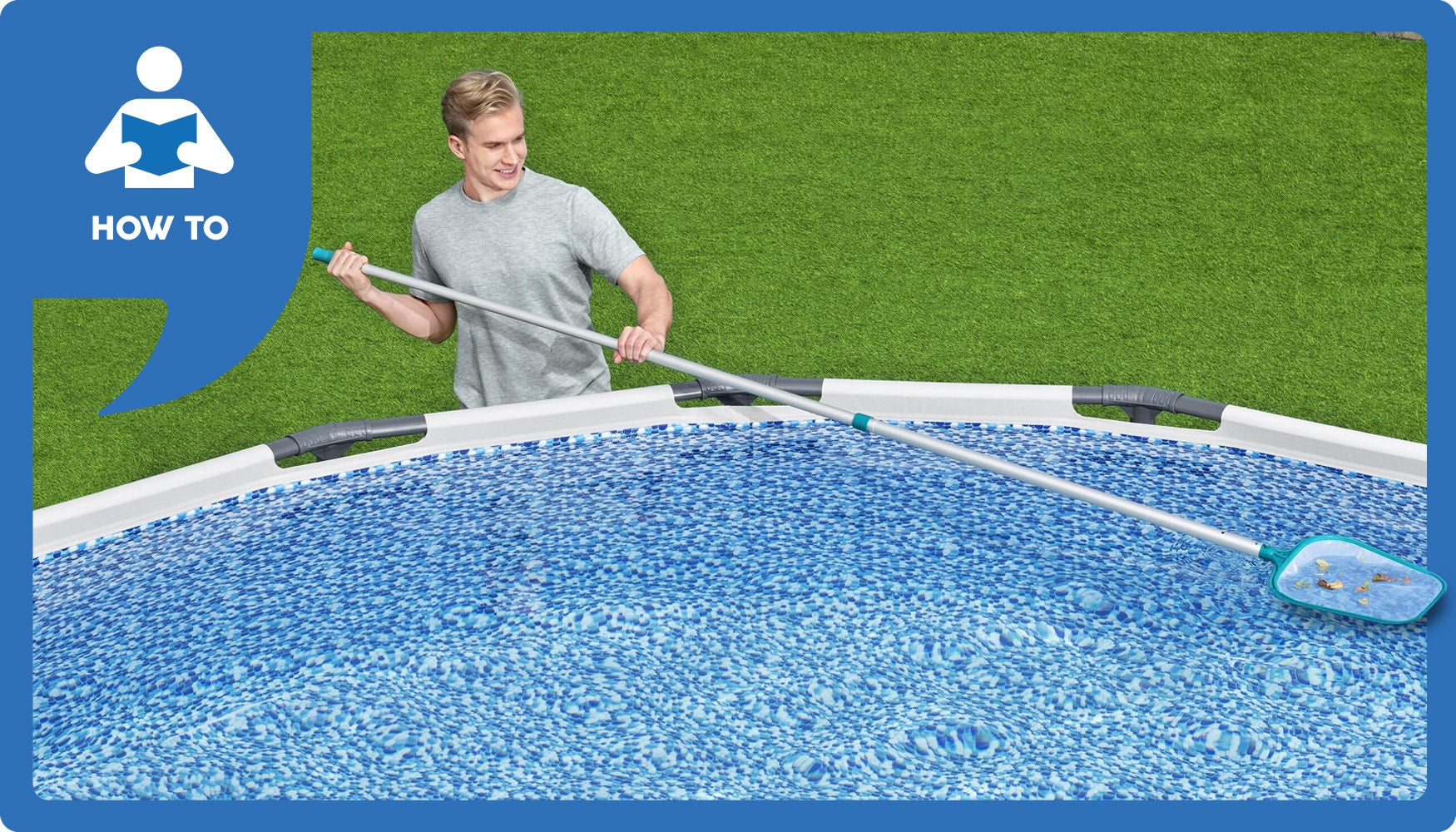 A man cleaning leaves and debris out of a Bestway above ground pool with a skimmer.