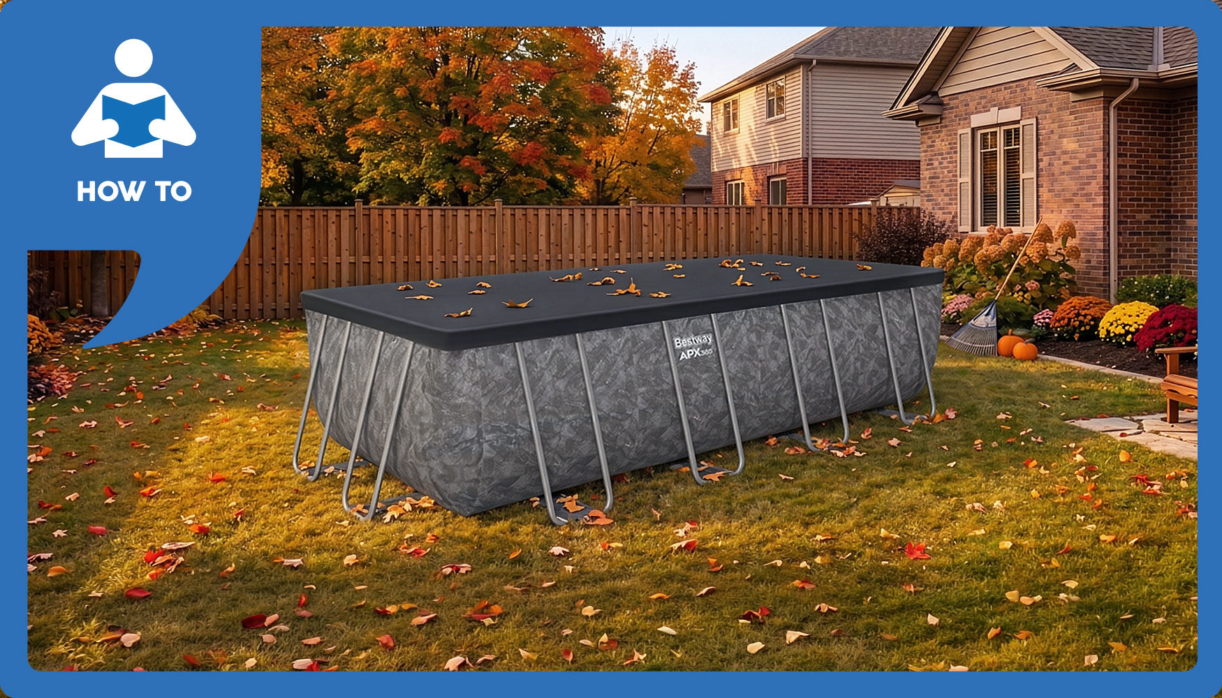 A Bestway APX 365 year-round pool in a backyard in the fall with leaves on the ground.