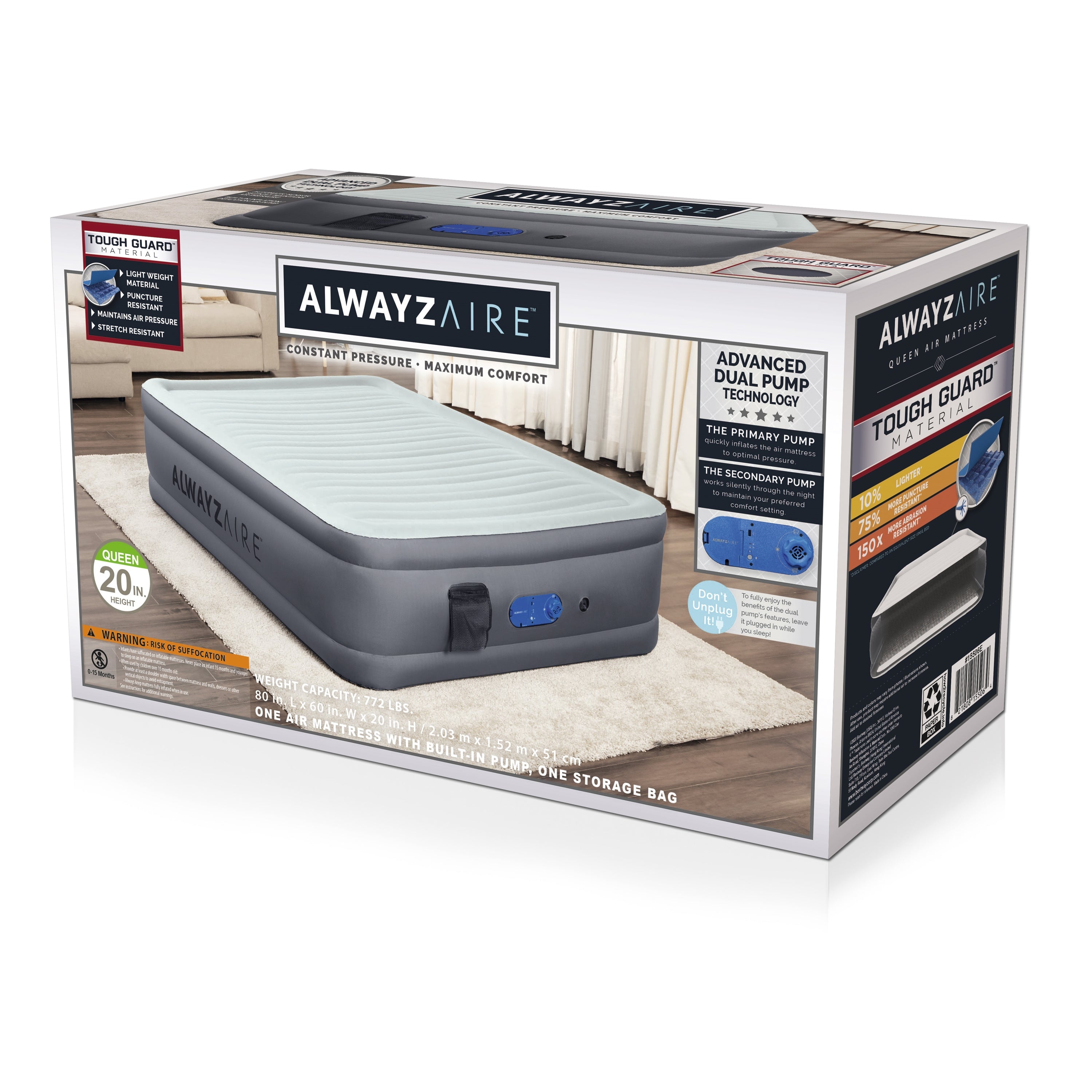 Matelas gonflable Bestway AlwayzAire Tough Guard Queen 20" avec double pompe intégrée et revêtement antimicrobien