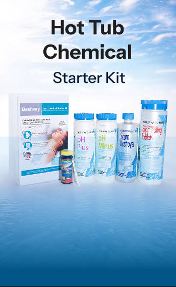 Bestway Hot Tub Chemical Starter Kit featuring a white and blue product box, pH Plus, pH Minus, Scum Destroyer, and Brominating Tablets bottles, set against a blue sky and water background with the text 'Hot Tub Chemical Starter Kit' at the top.