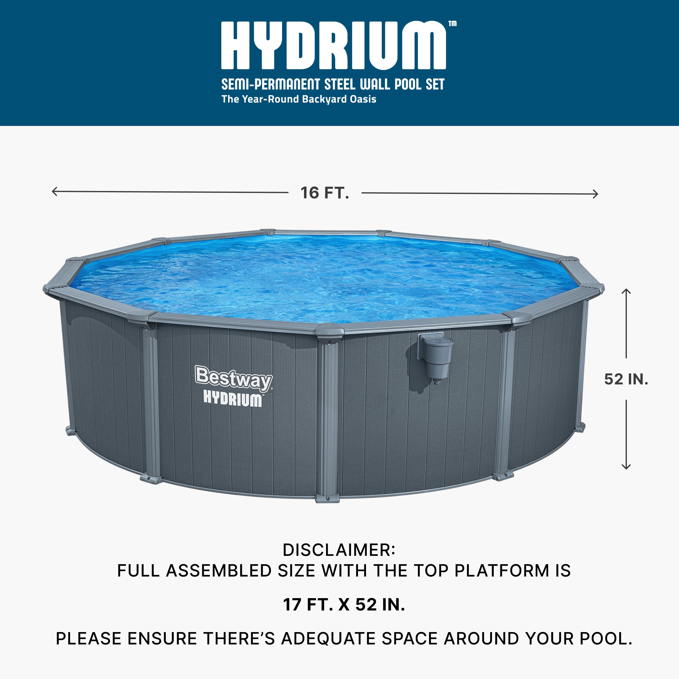 Bestway Hydrium FASTLATCH 16' x 52" Round Steel Wall Above Ground Pool Set