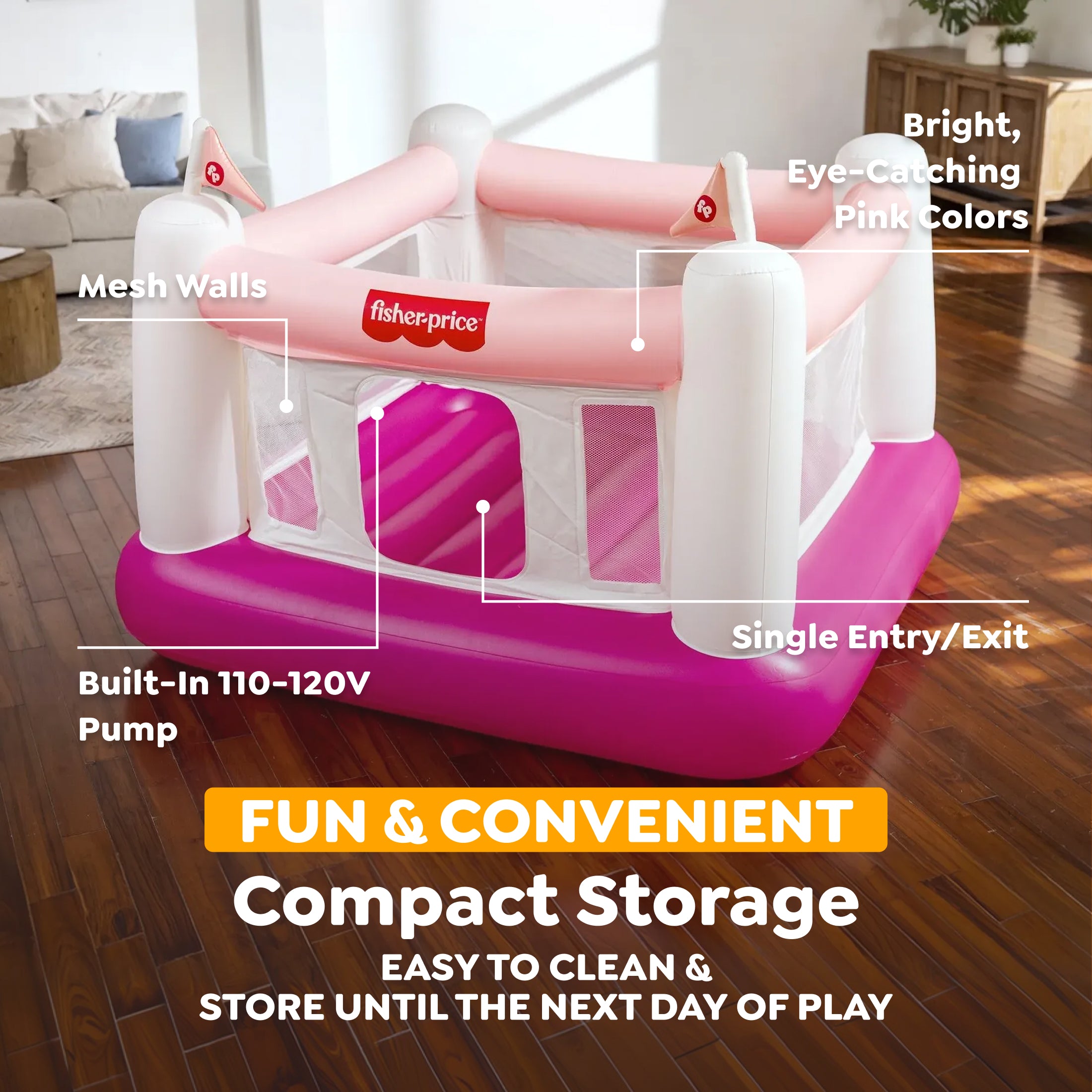 Fisher-Price Bouncesational Bounce House with Built-in Pump, Pink