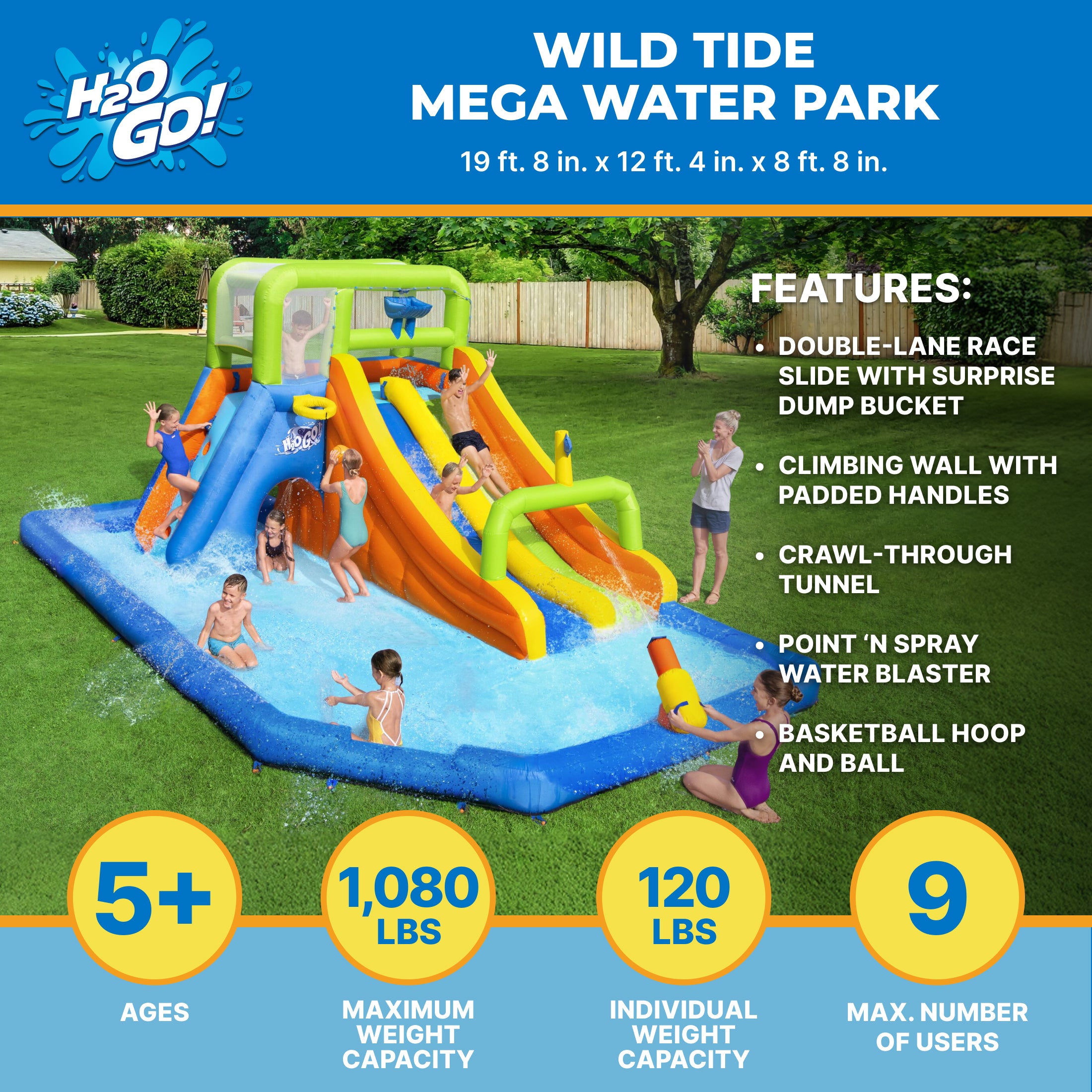 H2OGO! Wild Tide Kids Inflatable Water Park 19’ 8”