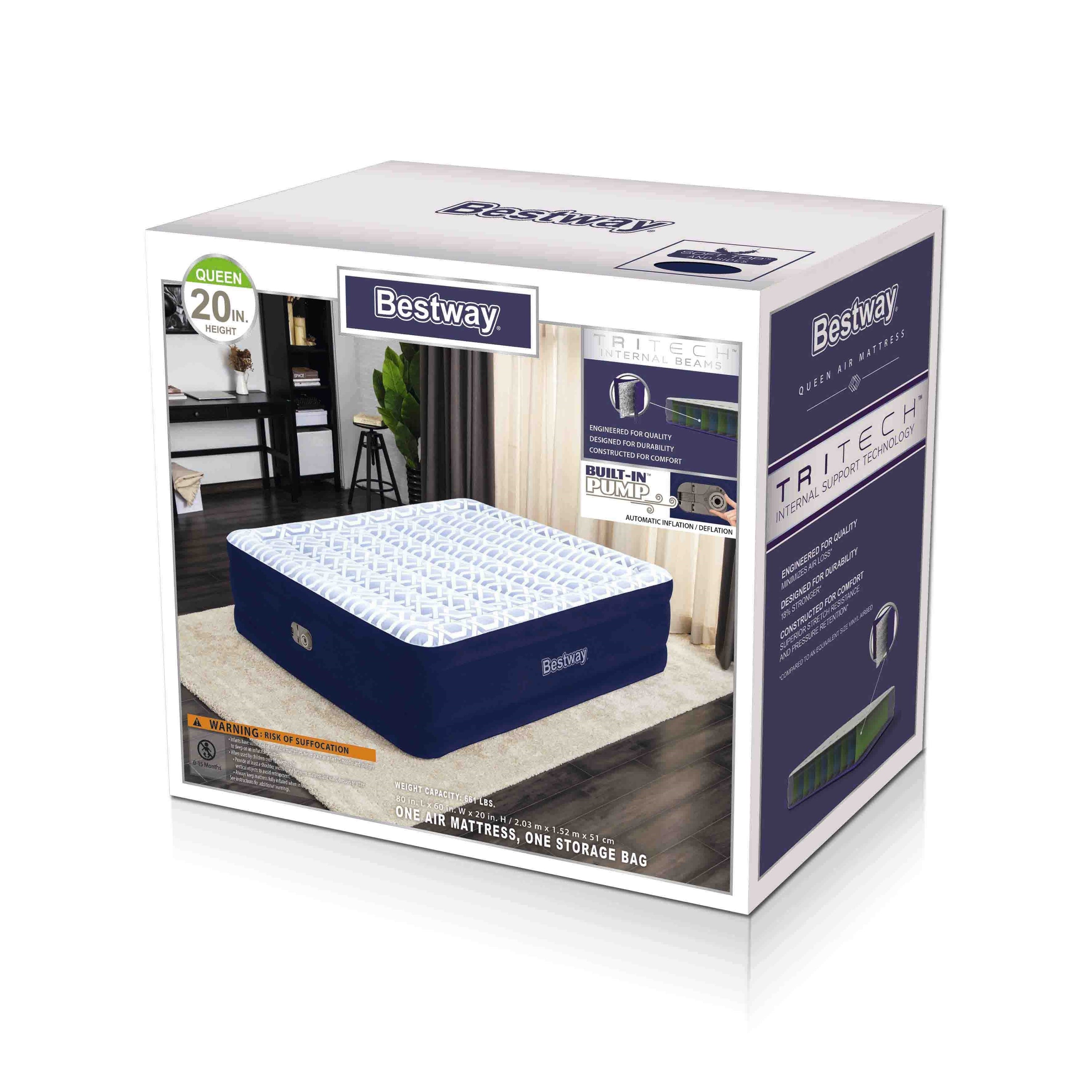 Bestway Tritech Fashion Flock Air Mattress Queen 20” with Built-in AC Pump and Antimicrobial Coating