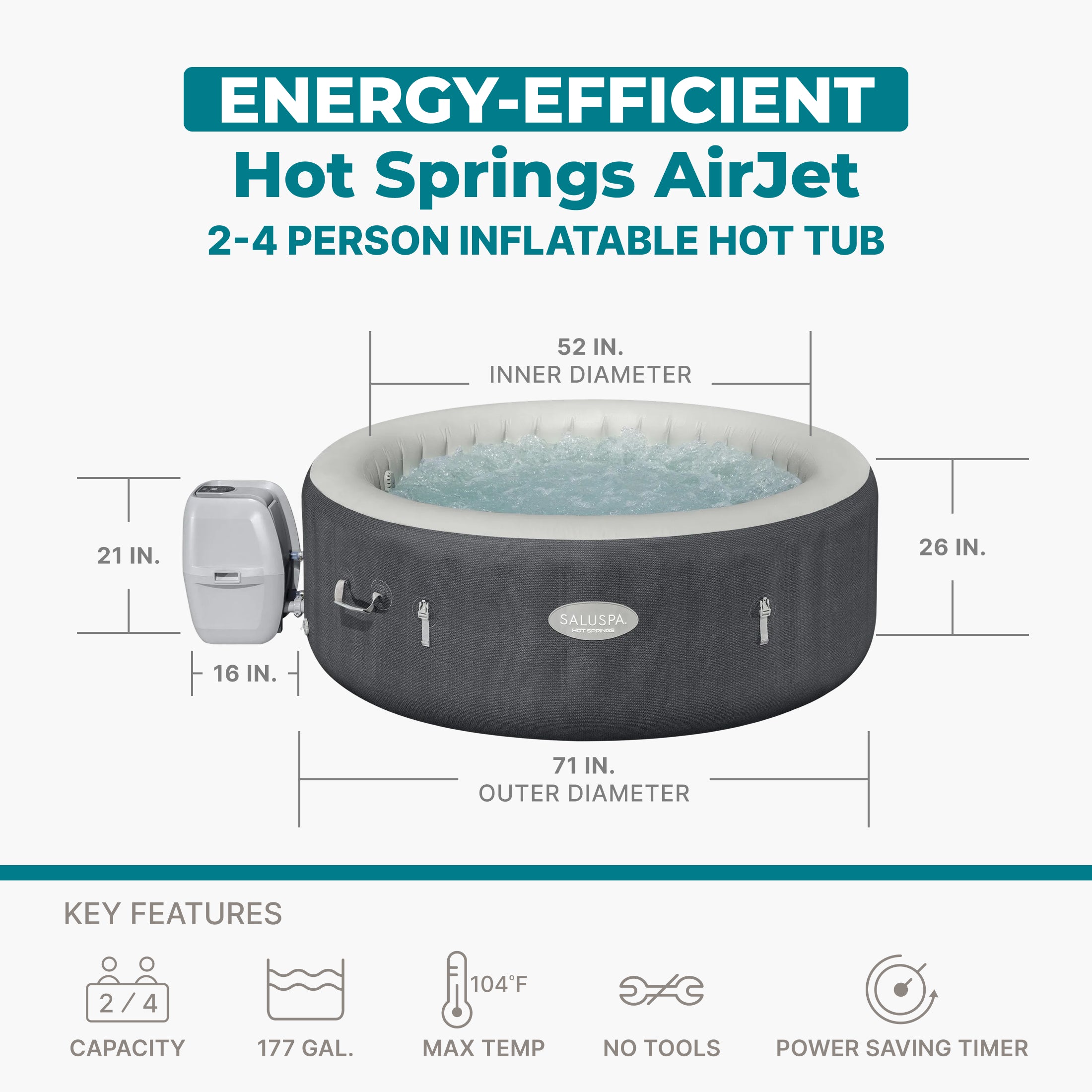 SaluSpa Hot Springs Energy-Efficient AirJet 2-4 Person Inflatable Hot Tub