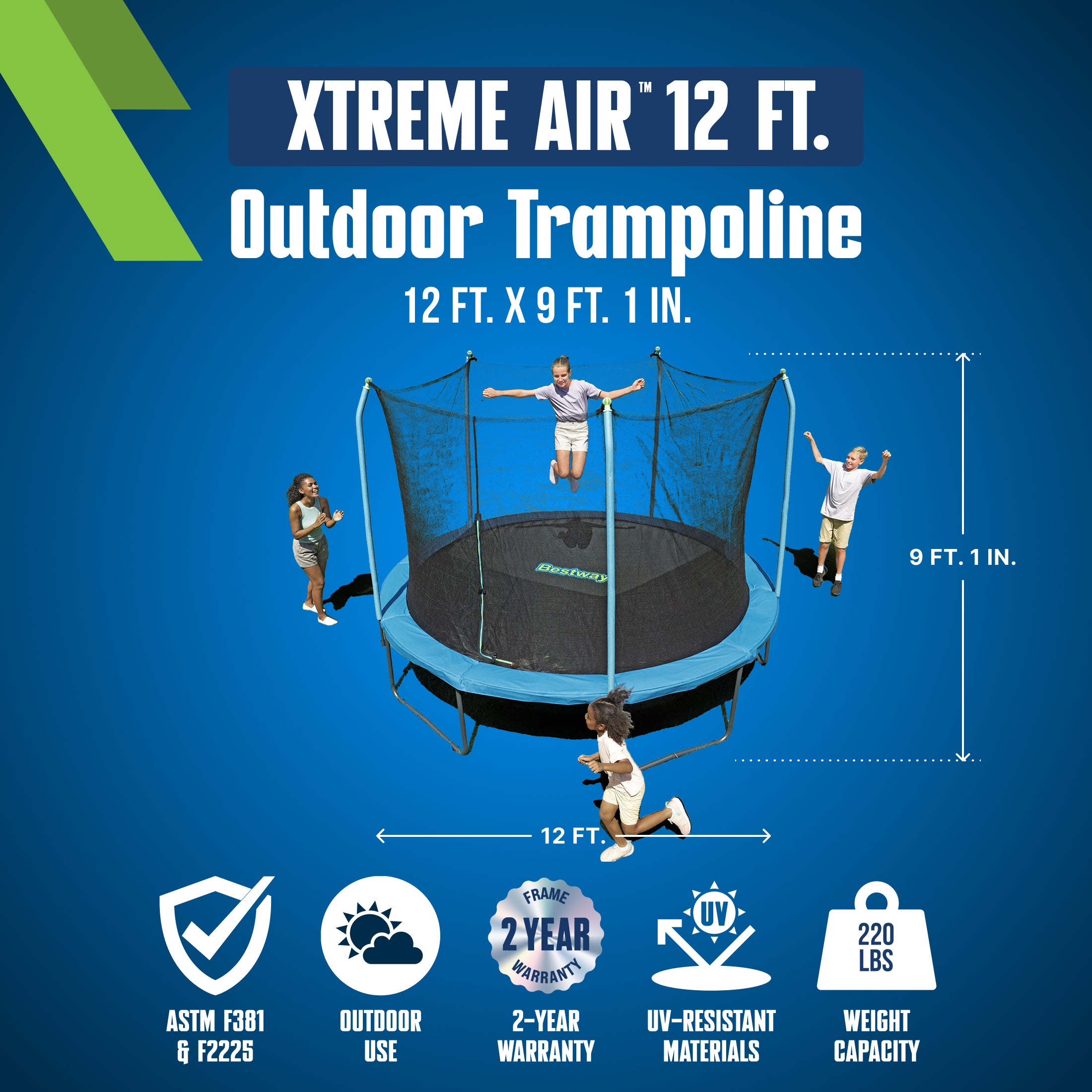 Bestway Xtreme Air 12 ft Outdoor Trampoline for Kids & Adults, No-Gap Enclosure, Foam-Padded Poles