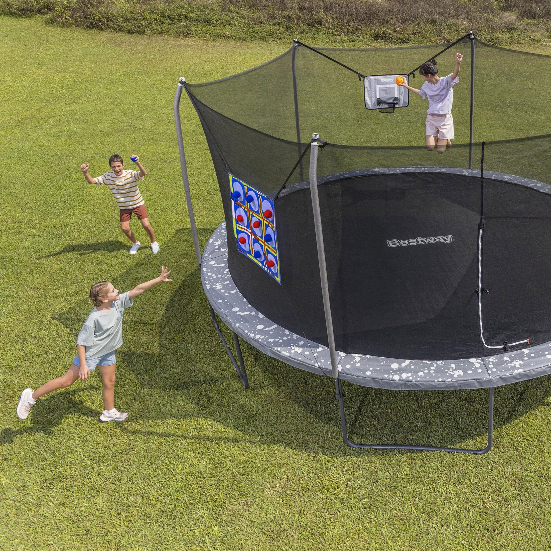 Bestway Xtreme Air 16' Kids Outdoor Trampoline with 2-in-1 Game Set and Basketball Game