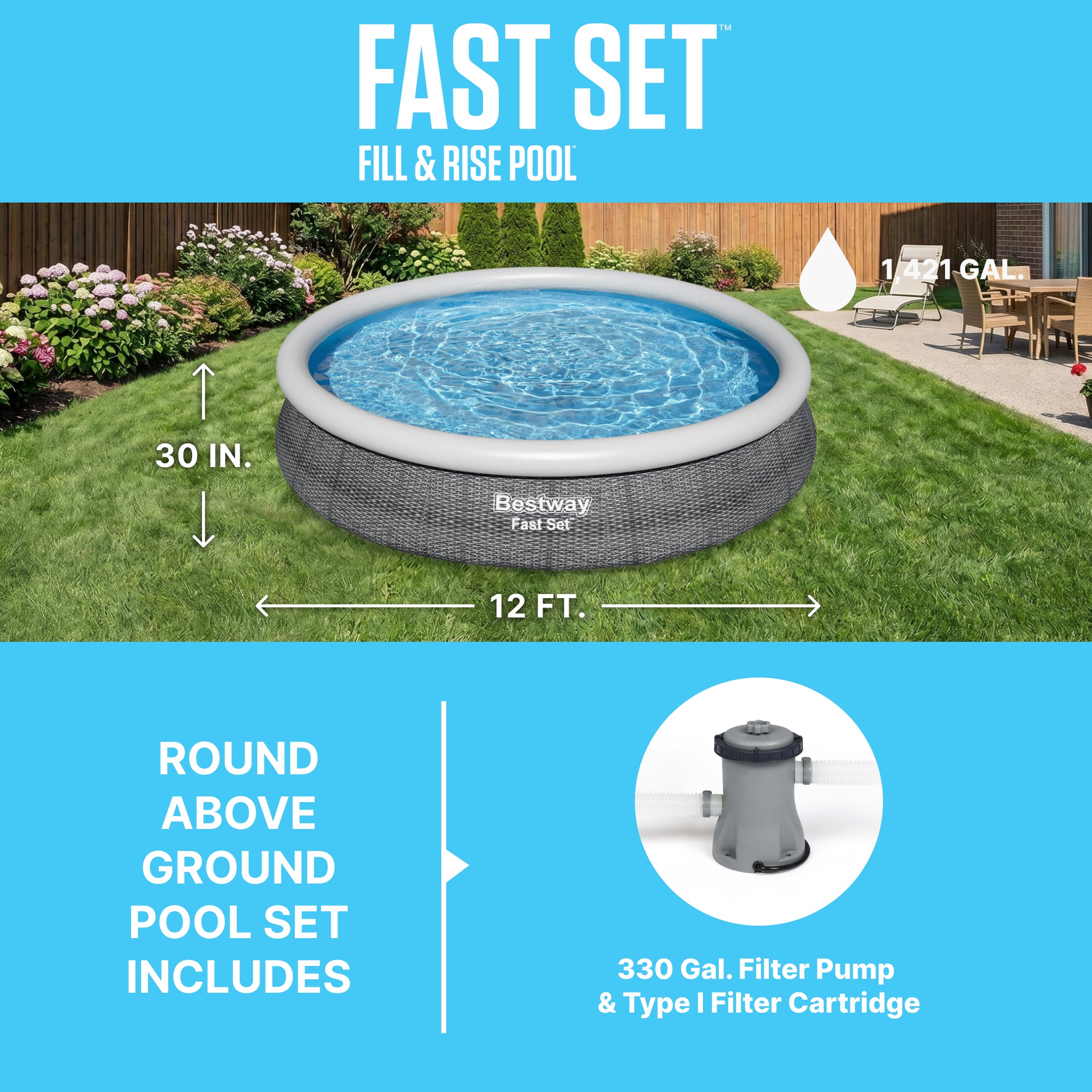 Bestway Fast Set 12’ x 30” Inflatable Round Soft Sided Above Ground Pool Set