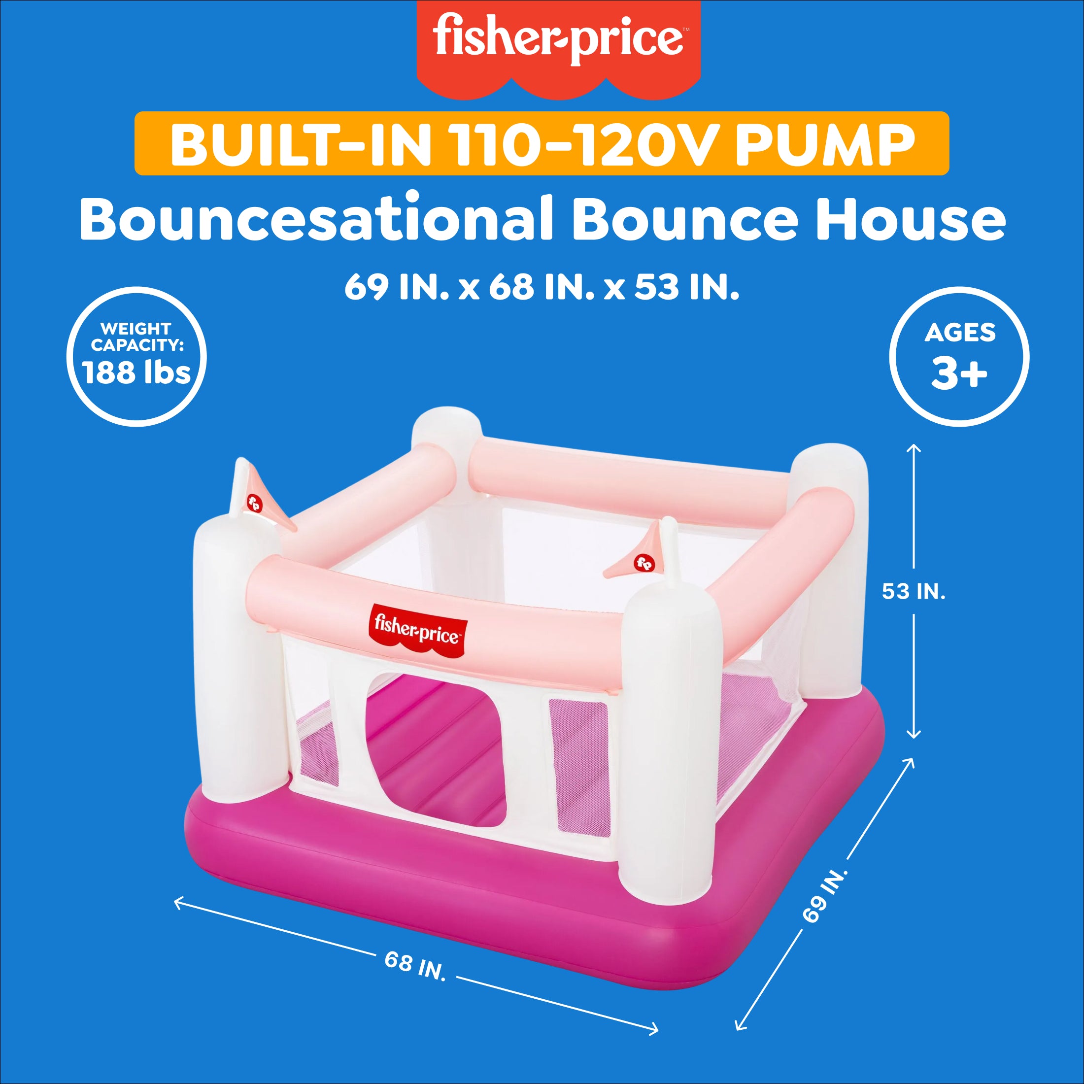 Fisher-Price Bouncesational Bounce House with Built-in Pump, Pink