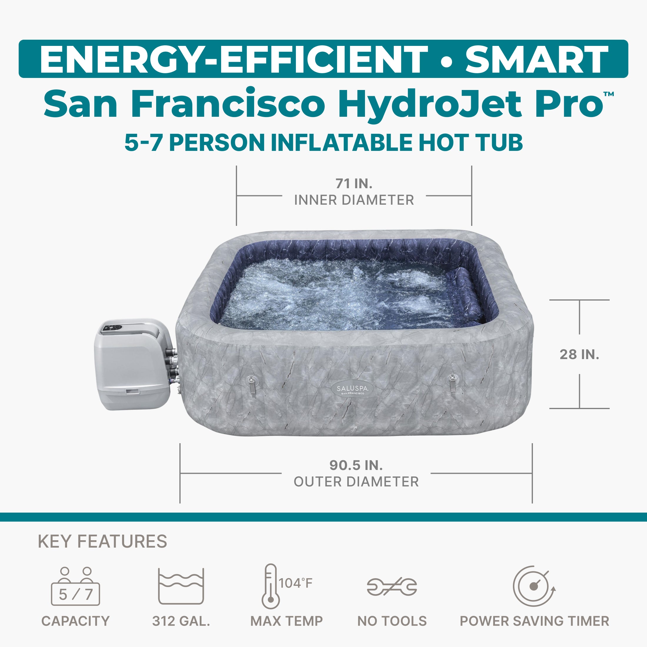 SaluSpa San Francisco Energy-Efficient Smart HydroJet Pro Inflatable Hot Tub with App Control 5-7 person