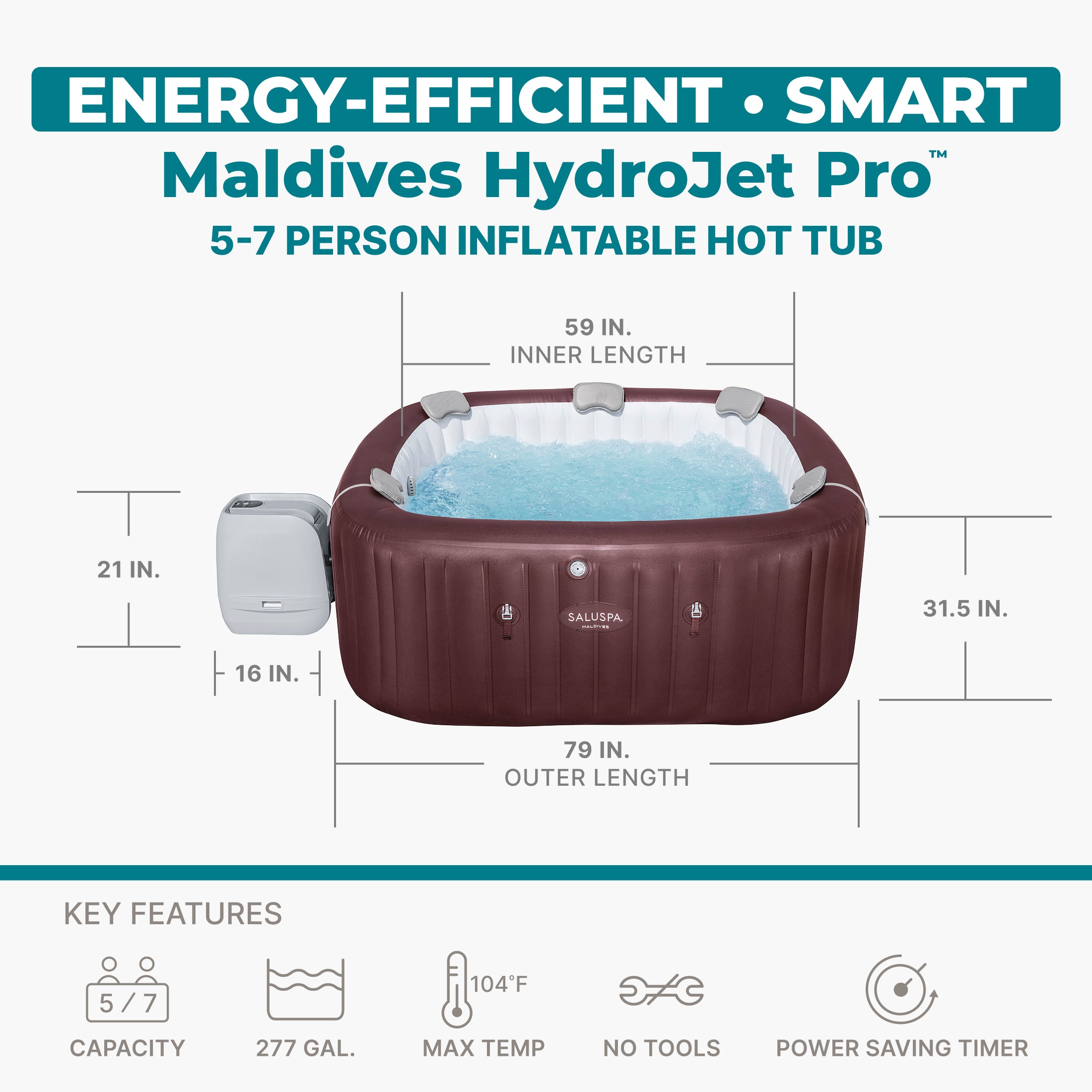 SaluSpa Maldives Energy-Efficient Smart HydroJet Pro Inflatable Hot Tub with App Control 5-7 person