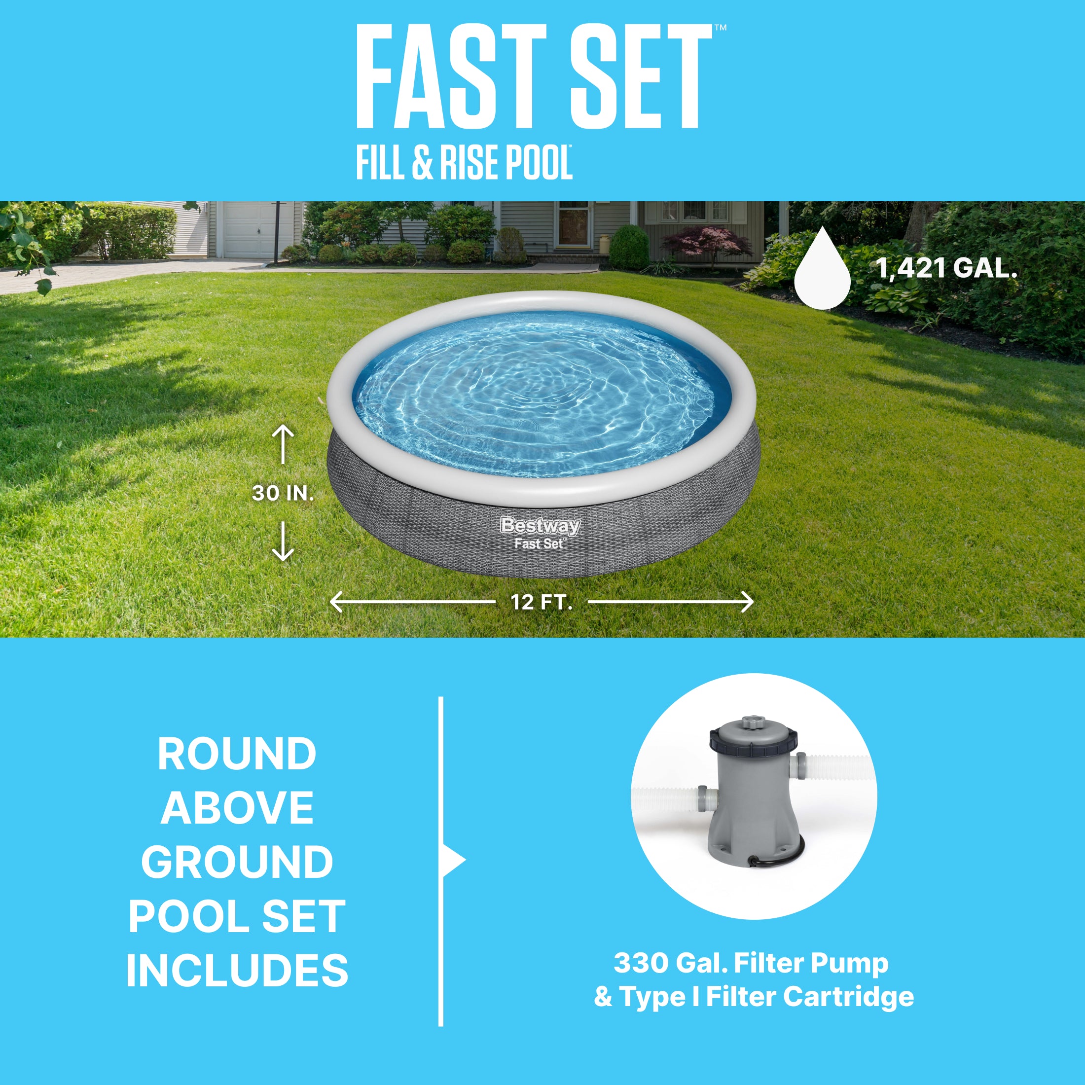 Bestway Fast Set 12’ x 30” Inflatable Round Soft Sided Above Ground Pool Set