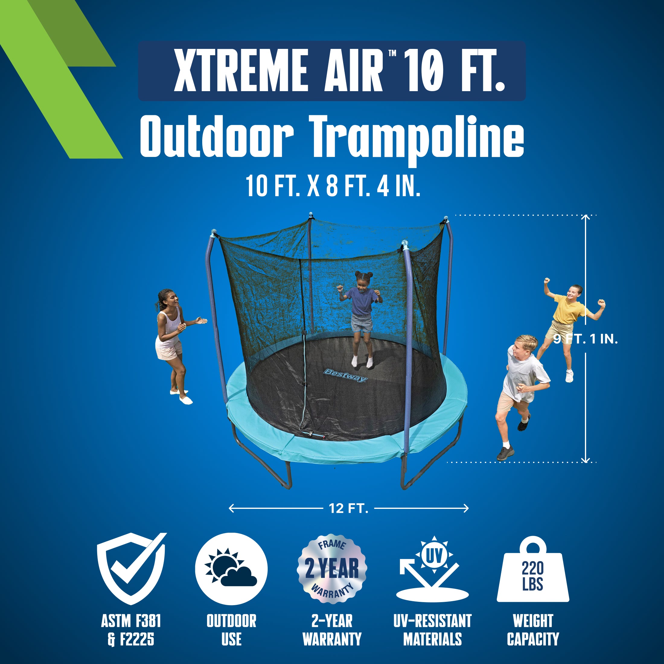 Bestway Xtreme Air 10 ft Outdoor Trampoline for Kids & Adults, No-Gap Enclosure, Foam-Padded Poles