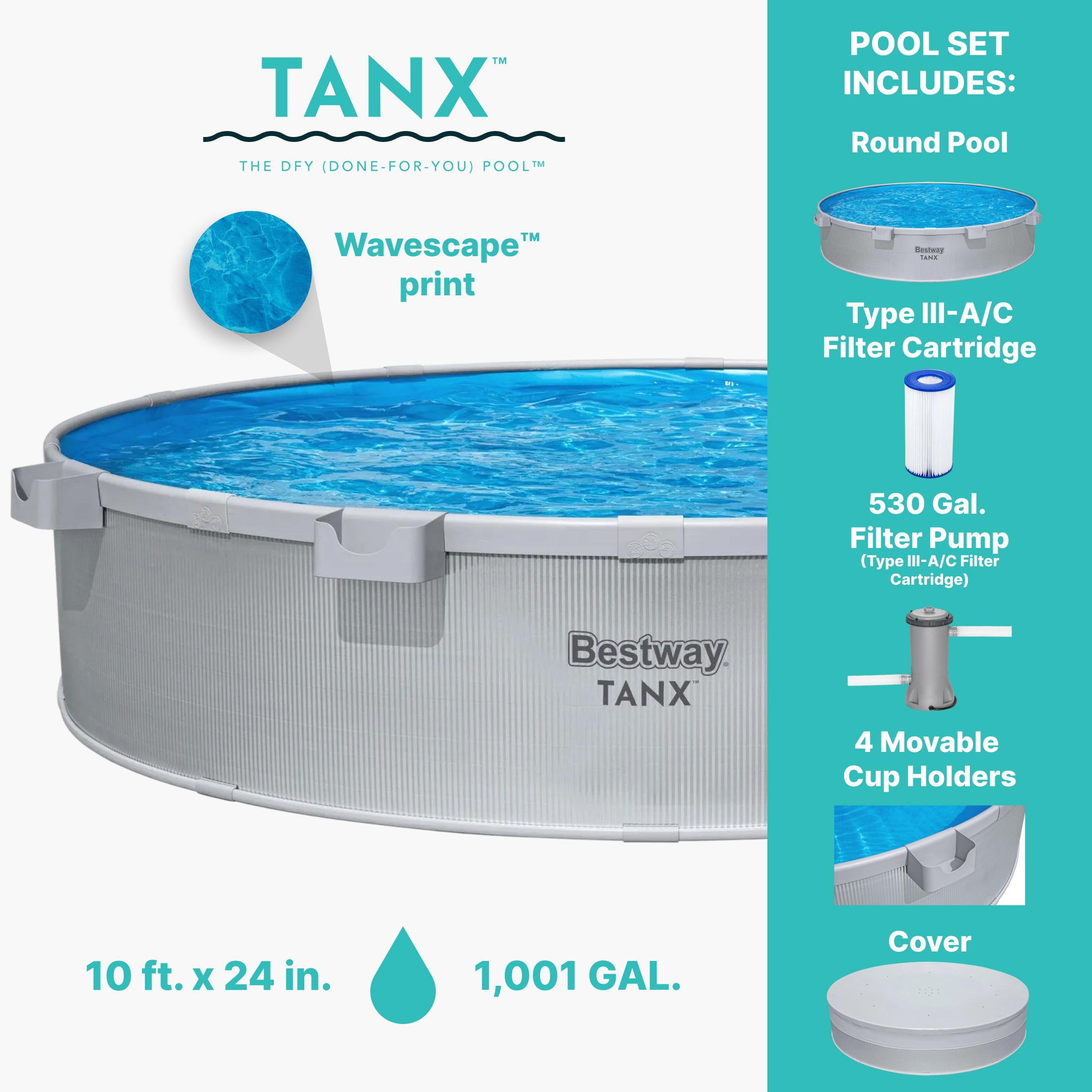 Bestway TANX 10' x 24" Round Above Ground Stock Tank Pool, All-in-One Set
