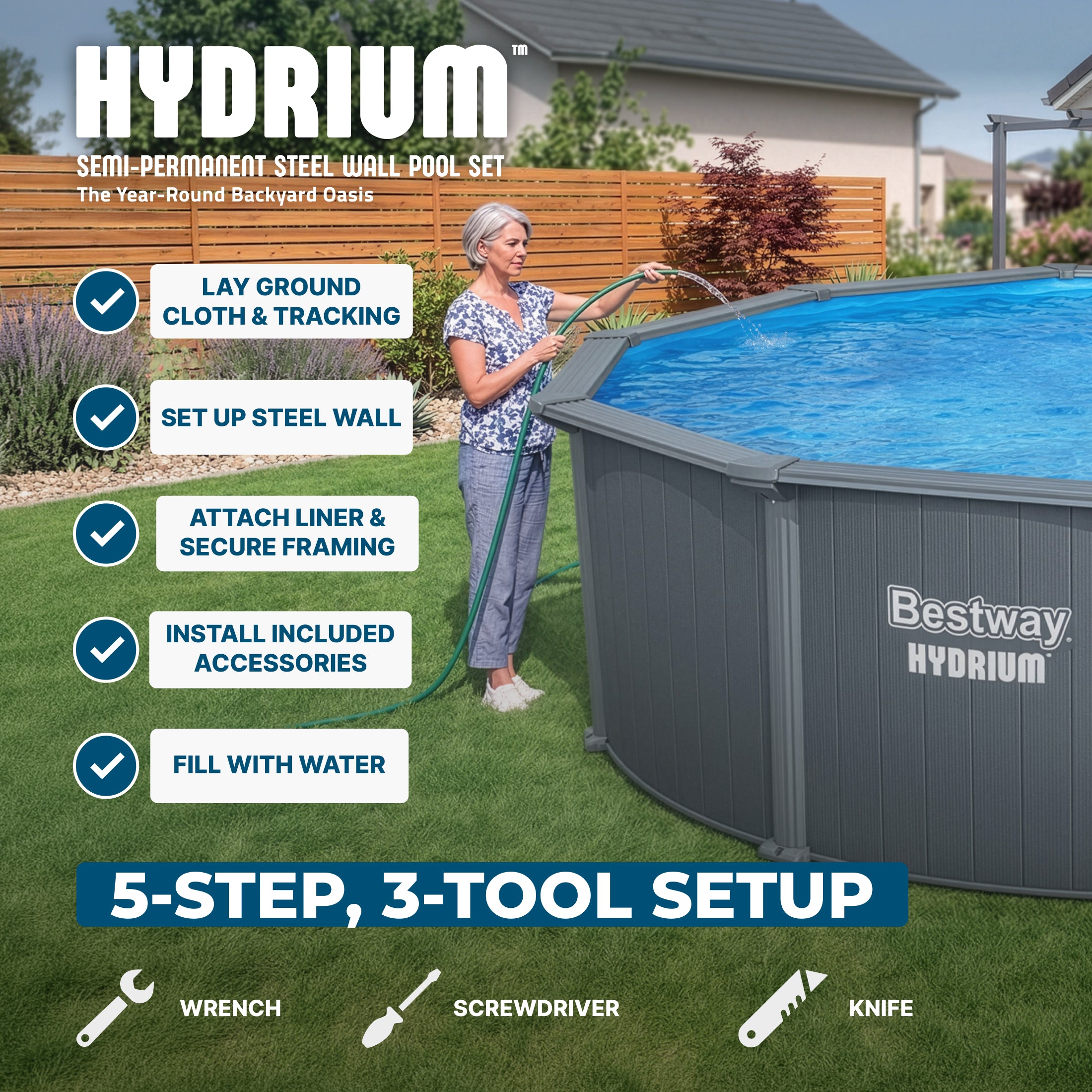 Bestway Hydrium FASTLATCH 16' x 52" Round Steel Wall Above Ground Pool Set
