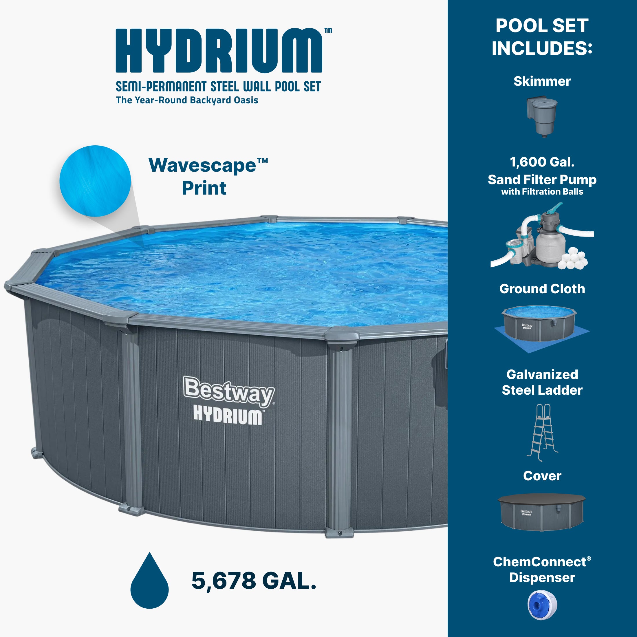 Bestway Hydrium 16' x 52" Round Steel Wall Above Ground Pool Set