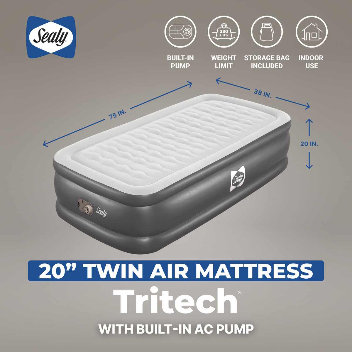 Sealy Tritech Air Mattress Twin 20” with Built-in AC Pump