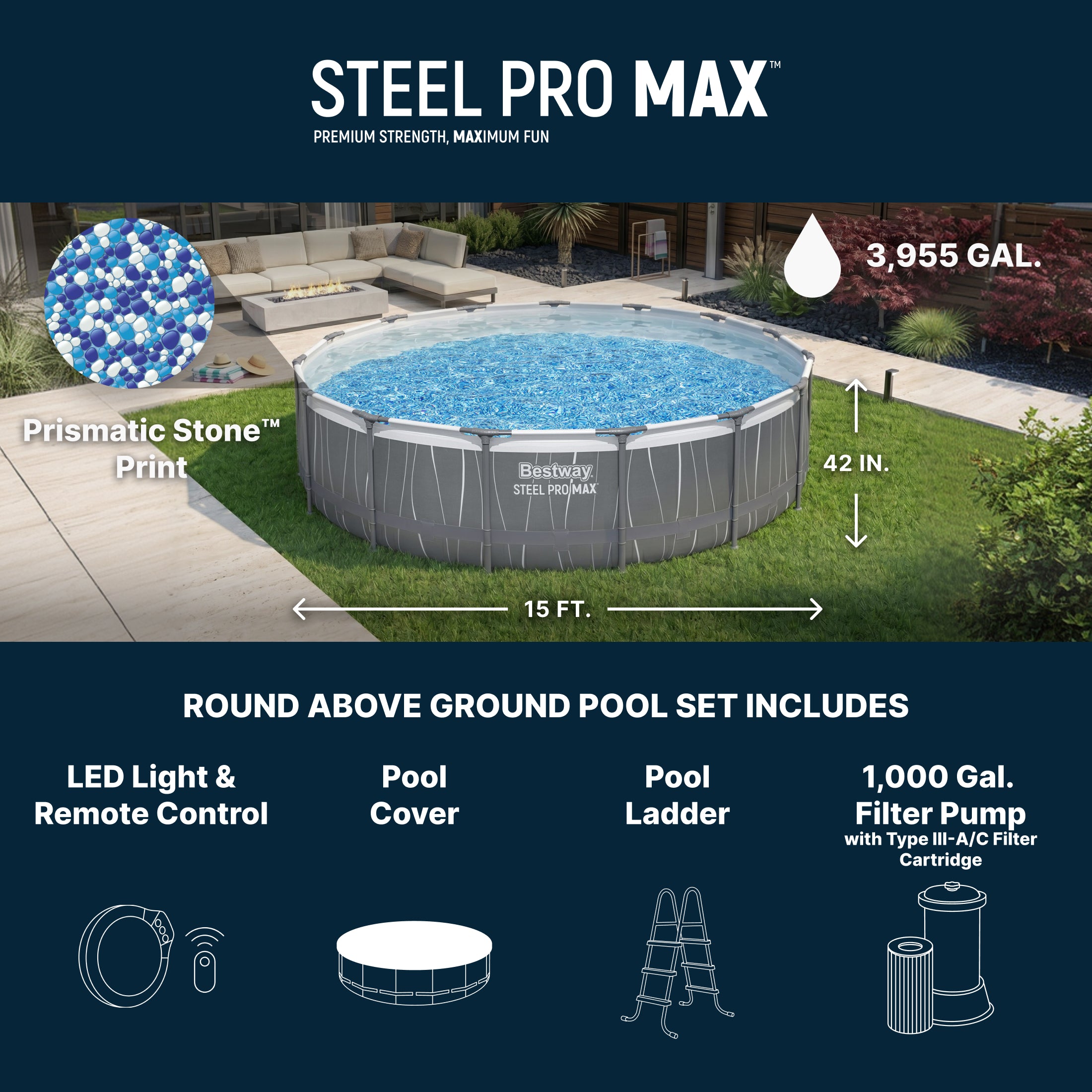 Bestway Steel Pro MAX 15' x 42" Round Above Ground Pool Set with LED Light