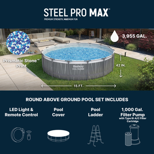 Bestway Steel Pro MAX 15' x 42" Round Above Ground Pool Set with LED Light