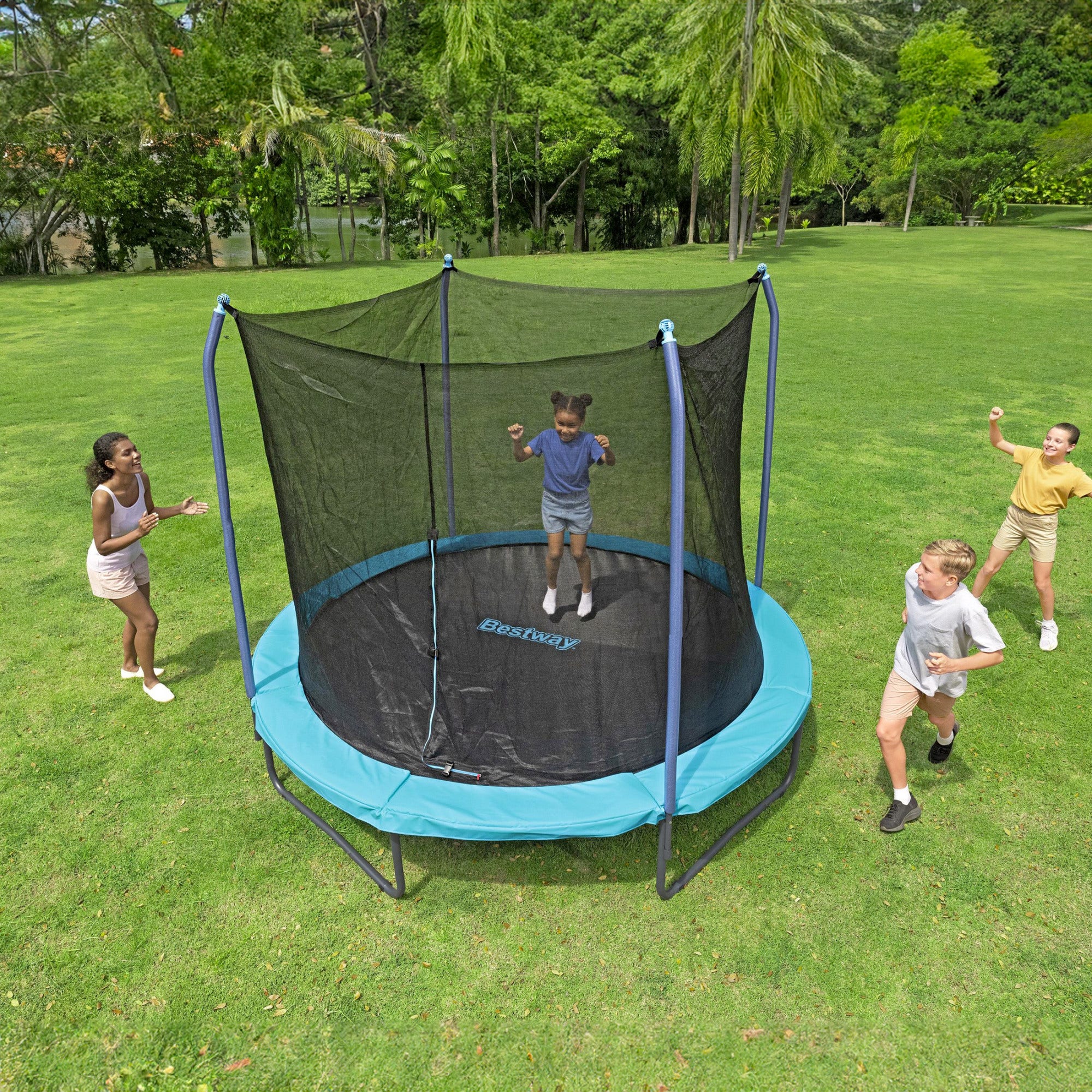 Bestway Xtreme Air 10 ft Trampoline for Kids Adults No Gap Enclosure Foam Padded Poles